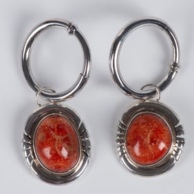 14K White Gold Retractable Hoop Earrings With Coral Charms