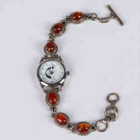 Shirley Henry Navajo Sterling Silver and Amber Kokopelli Watch