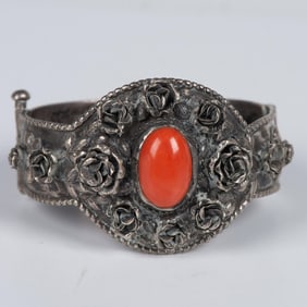 Antique Export Silver Hinged Bracelet with Chinese Coral