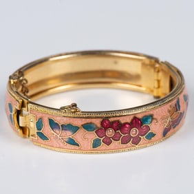 Cute Gold Metal With Enameled Butterflies and Flowers Bracelet
