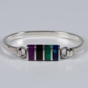 Mexican Sterling Silver Multi-Gemstone Inlay Bracelet
