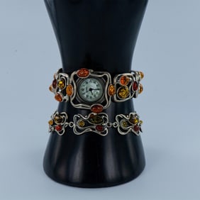 2pc Sterling Silver and Honey Amber Watch and Bracelet