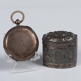 2p Vintage Sterling Silver Trinket Box and Pocket Watch Casing