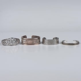 4pc Cute Sterling Silver Engraved Cuff Bracelets