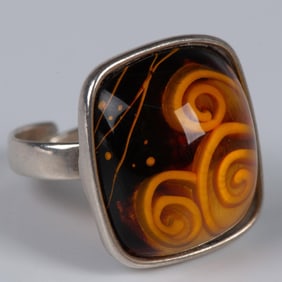 Unique Sterling Silver and Reverse Carved Amber Swirl Ring