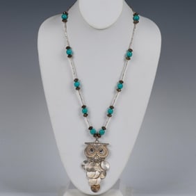 Cute Silver Metal Owl Pendant Beaded Necklace