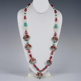 Colorful Handmade Enamel Fish, Pearl and Turquoise Necklace