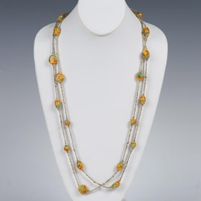 Gorgeous Long Venetian Foil Glass Bead Necklace