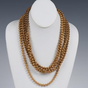Beautiful Long Three-Strand Gold Metal Beaded Necklace