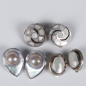 3 Pairs of Silver and Mother of Pearl Clip-On Earrings