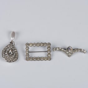 3pc Silver Metal Rhinestone Costume Pendant and Brooches