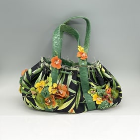 Mary Frances Silk Handbag, Green Leaves on Black