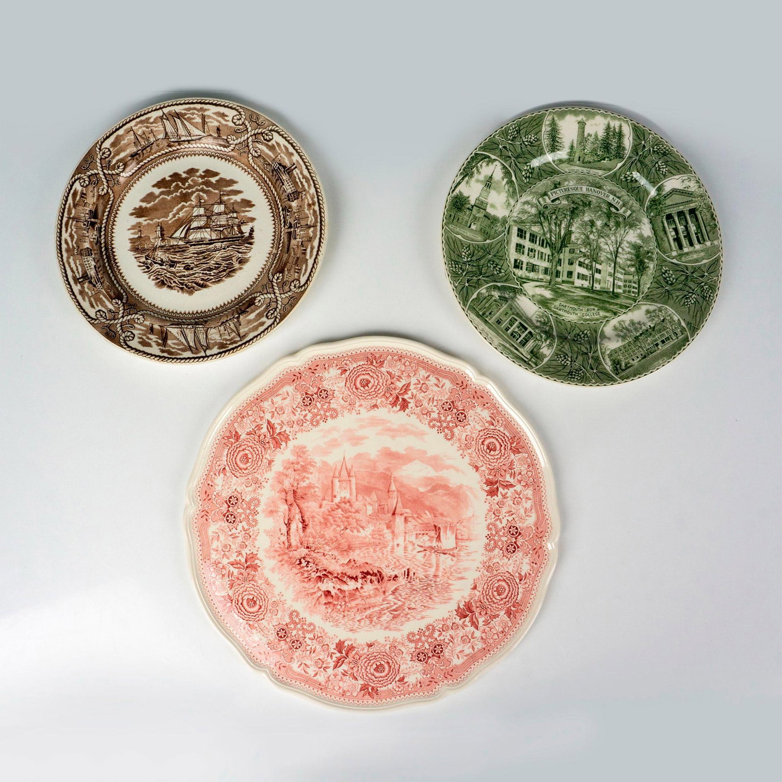 3pc Classic Historical Illustration Plate Grouping: 3 Plate collection includes: Villeroy & Boch Round Charger: A stunning 12.5" diameter plate in Burgenland Red, showcasing a castle scene. American Marine Plate: From G. L. Ashworth & Bros. Ltd., Engla