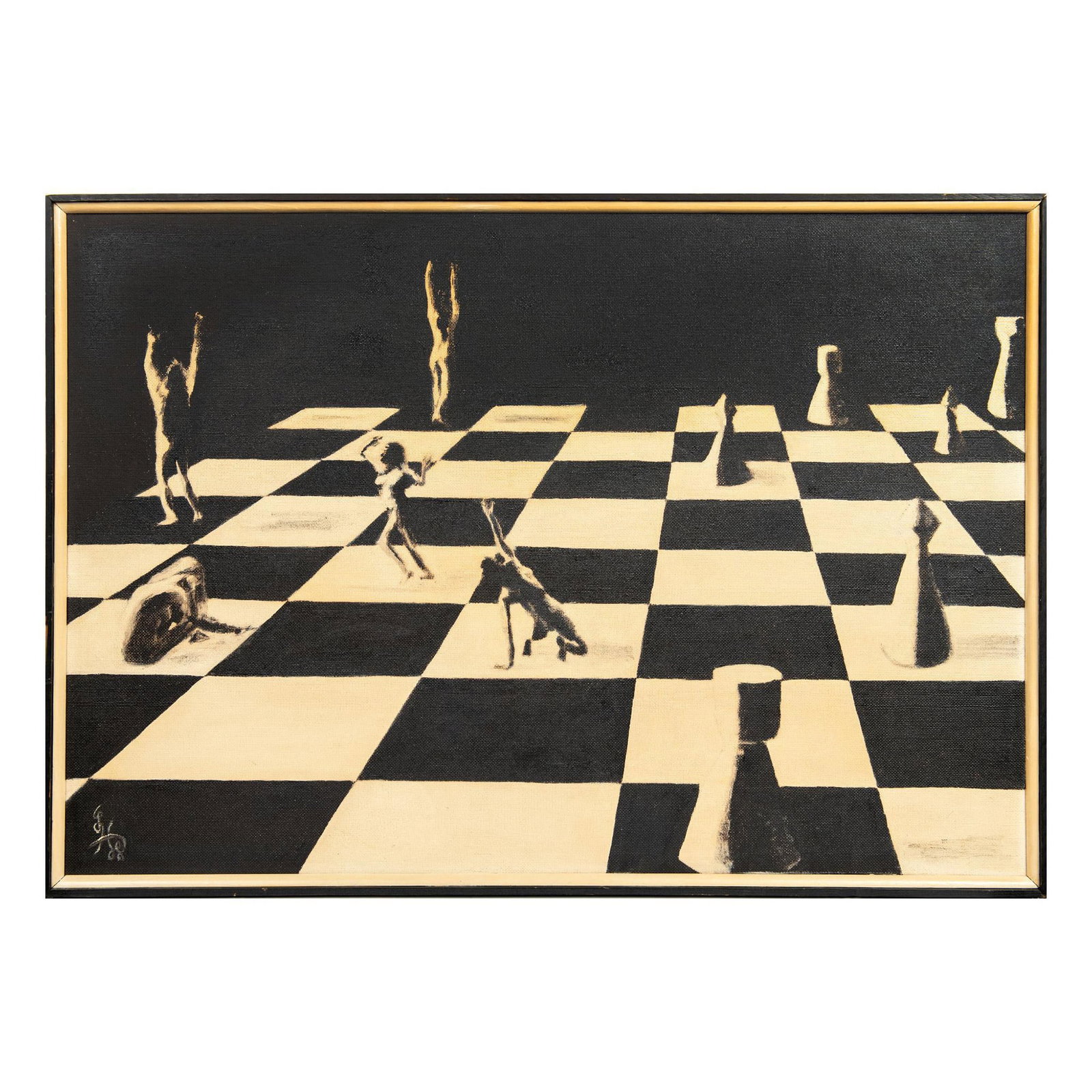 Lew Wolfson, Original Surrealist Oil on Canvas, Chess Signed: Original Surrealist oil on thick linen canvas by American artist Lew Wolfson who has painted expressive nude figures set next to white pieces illuminated by intense chiaroscuro. Initials on lower left