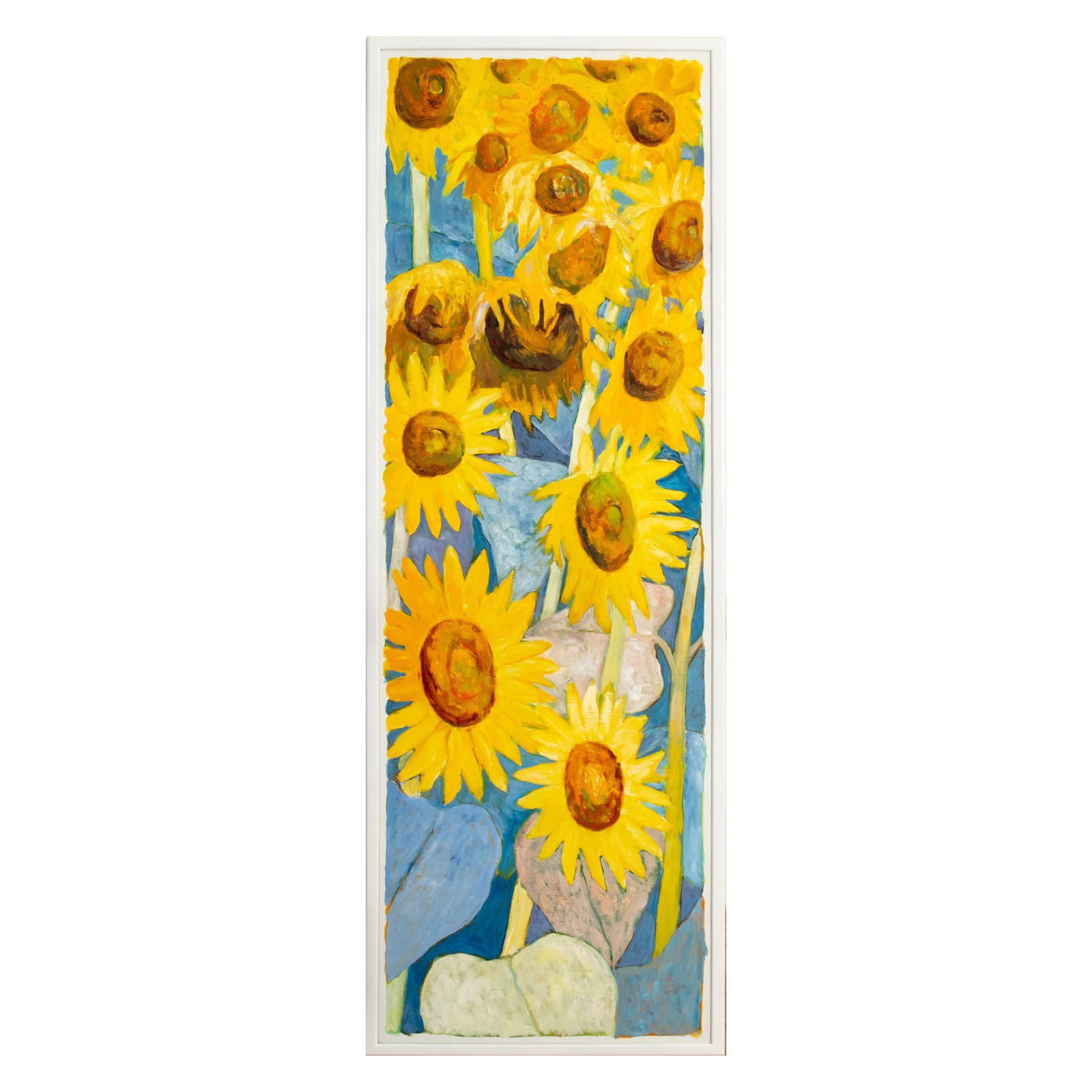 Jean Lamouroux (French, 1933-2008) Oil Painting: Vertically composed post impressionist style oil painting on canvas by Postwar and Contemporary artist Jean Lamouroux. Depicts several blossoming and wilting sunflower stalks with blue tone leaves and