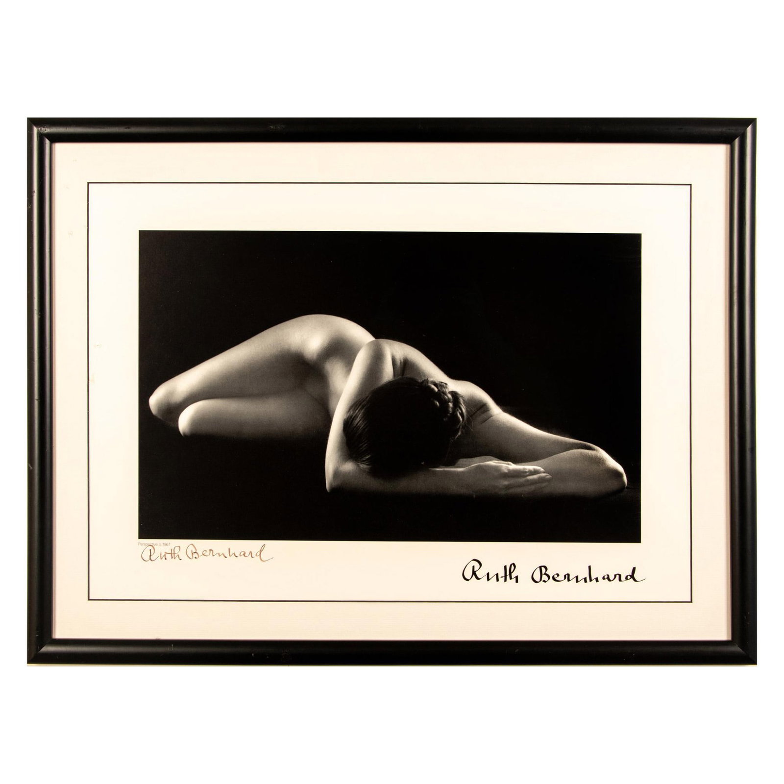 Ruth Bernhard, Photographic Print on Board, Signed: Awesome black & white photographic print applied to board entitled Perspective II by artist Ruth Bernhard who shot the female nude with defused light on a black background. Signature, title and date i