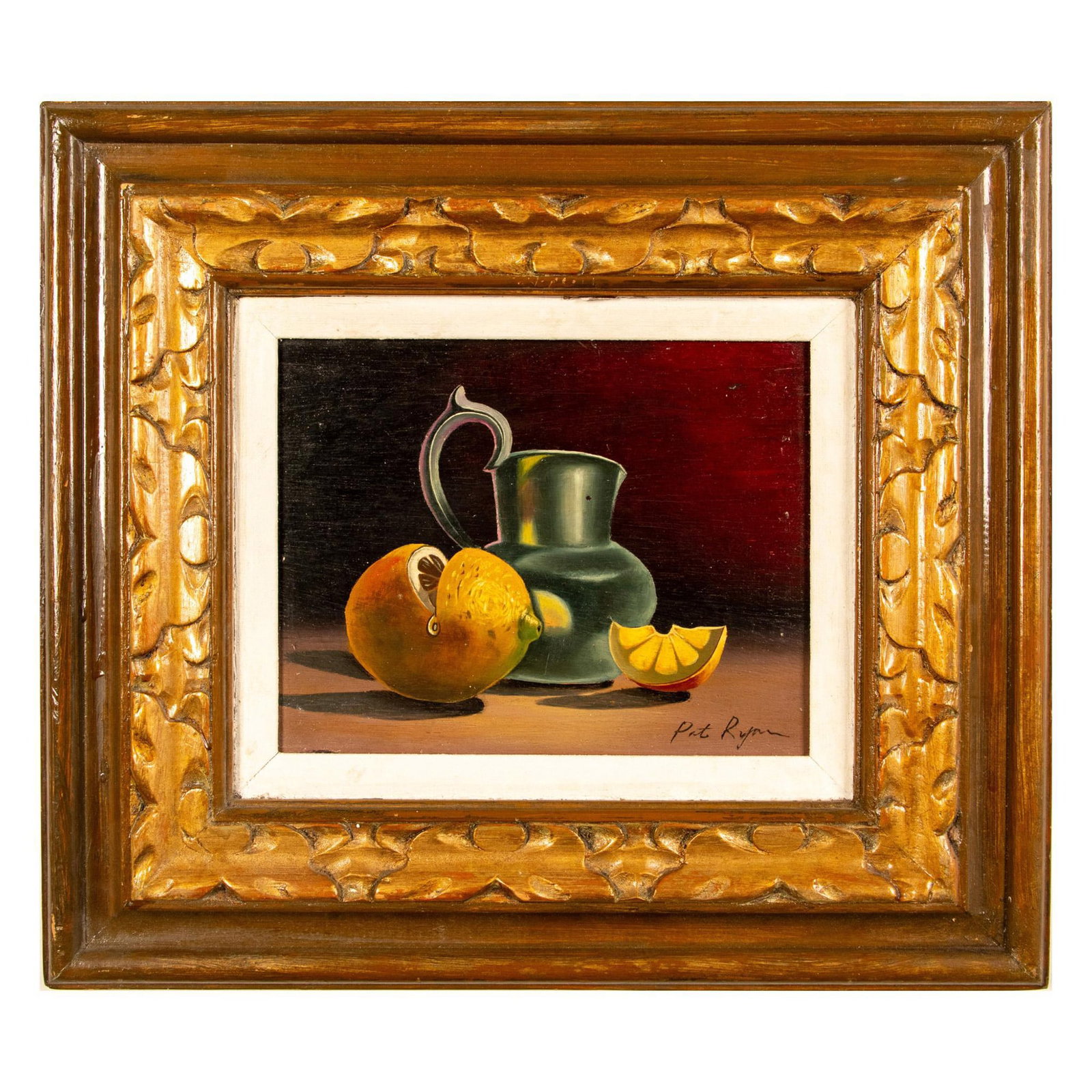 Pat Ryan, Original Oil on Board, Citrus Still Life, Signed: Original oil on wooden board by artist Pat Ryan who has painted a realistic sliced lemon and a pitcher in intense chiaroscuro set in a deep red background. Housed in an ornate wooden frame with a whit