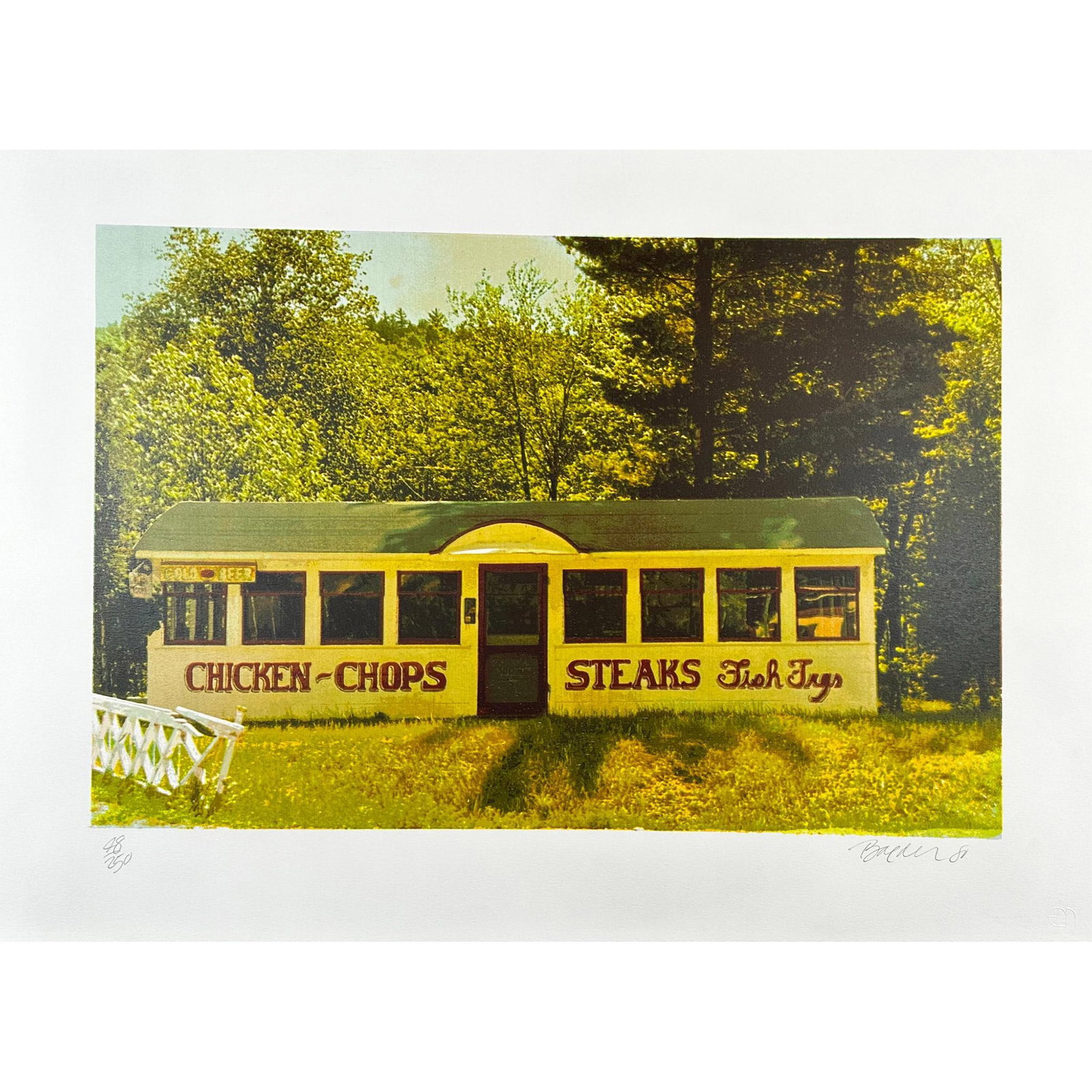 John Baeder (1928 -) Screenprint, Chicken Chops, Signed: Screenprint titled Chicken chops . Signed bottom right numbered 48/250. Sight size 22" x 30"