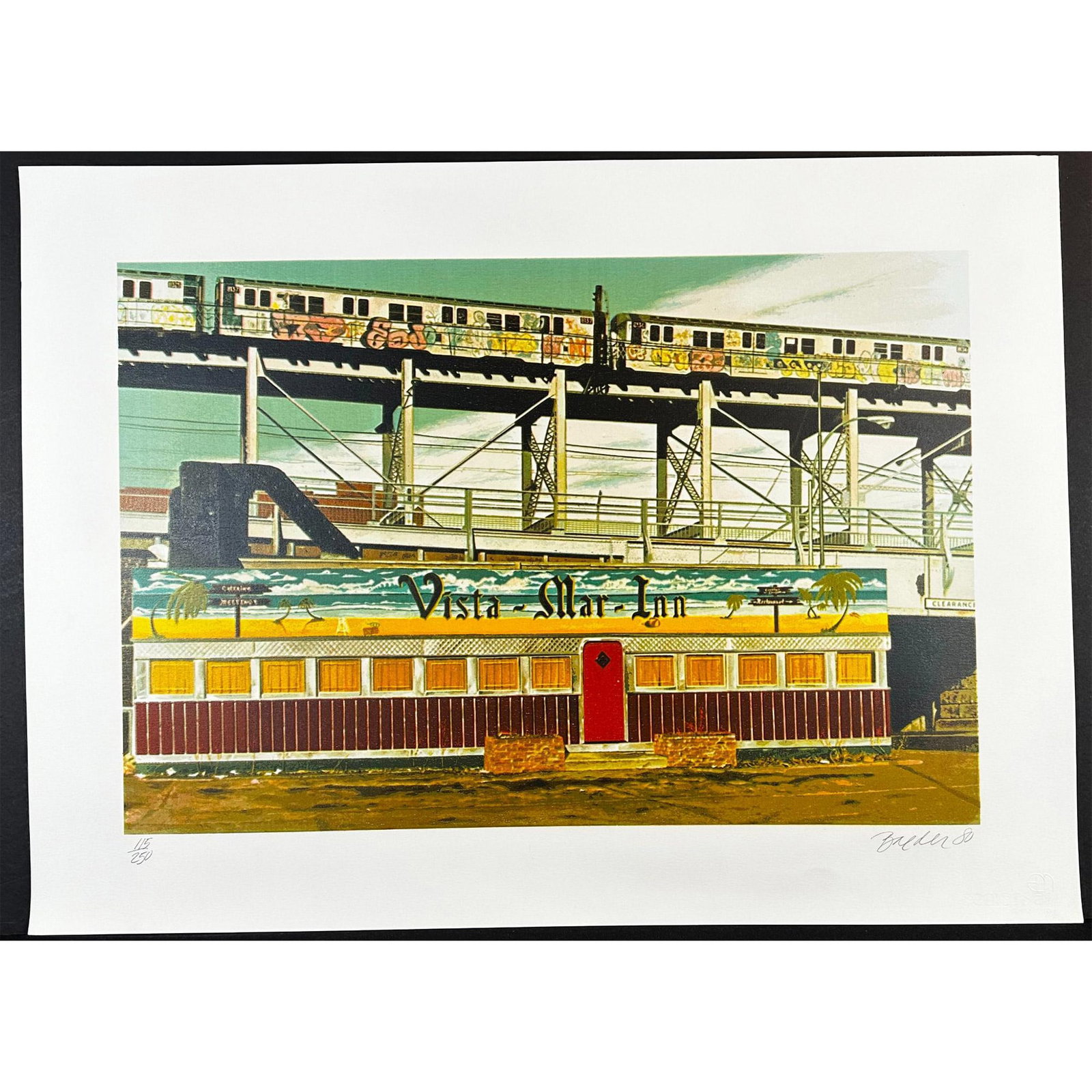 John Baeder (1938-) Screenprint, Vista-Mar-Inn Signed: Screenprint Titled Vista-Mar-Inn Signed bottom right Numbered 115/250. Sight size 30" x 22"