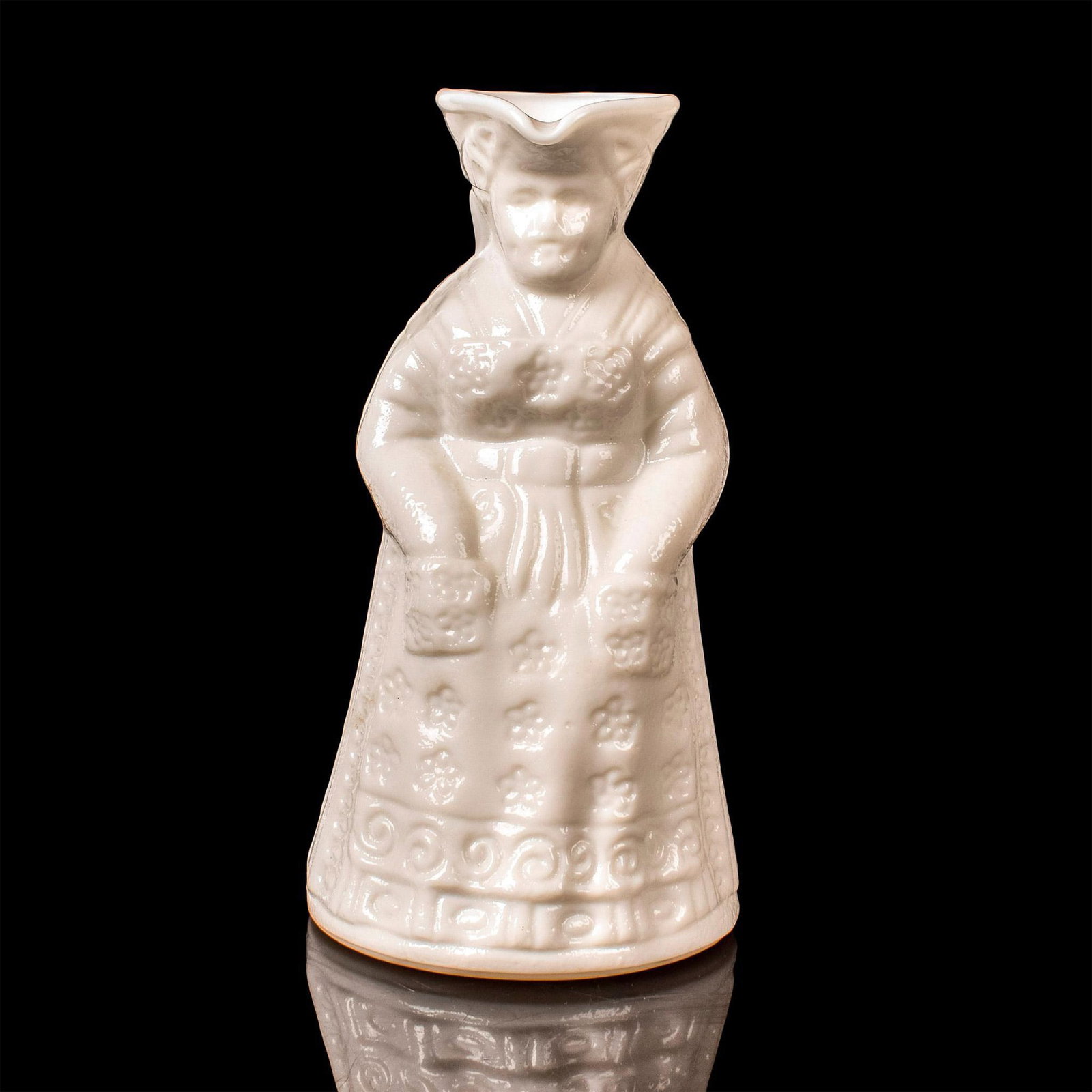 Kanawha Milk Glass Syrup Pitcher, Colonial Woman: Vintage glass creamer in all white coloration. Modelled as a colonial woman with her hands in her pockets. Issued: 20th c. Dimensions: 6.25"H Manufacturer: Kanawha Country of Origin: USA