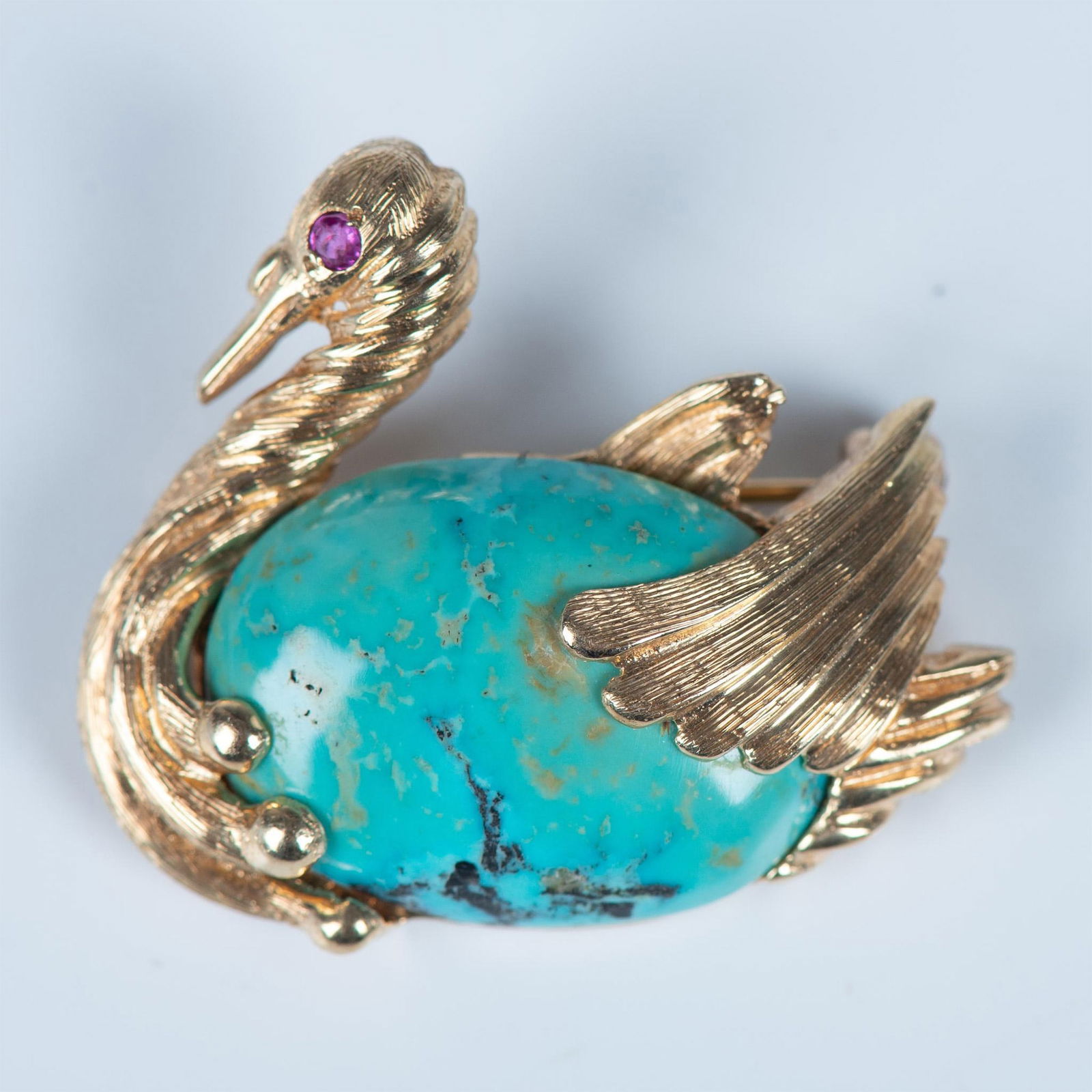 Cute Vintage 14K Gold, Turquoise and Ruby Bird Pin (1 of 4)
