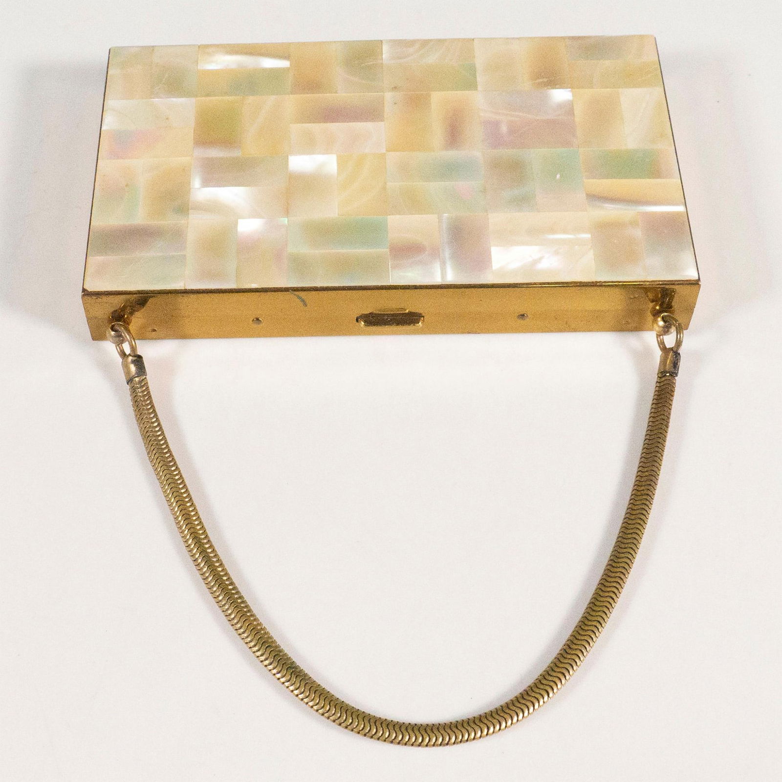 Vintage Mother of Pearl Makeup Compact: Gorgeous 1950s gold-tone makeup compact with abalone pearl lid. Interior with lipstick holder, mirror, powder, and empty compartment. Dimensions: 5.25"L x 3"W x 0.75"H