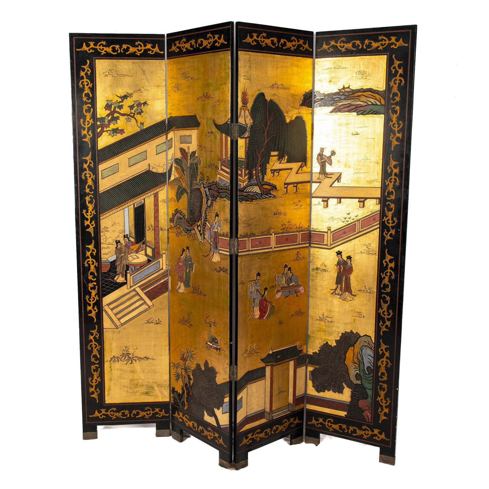 Original Gilded and Hand Painted Four Panel Asian Screen (1 of 11)