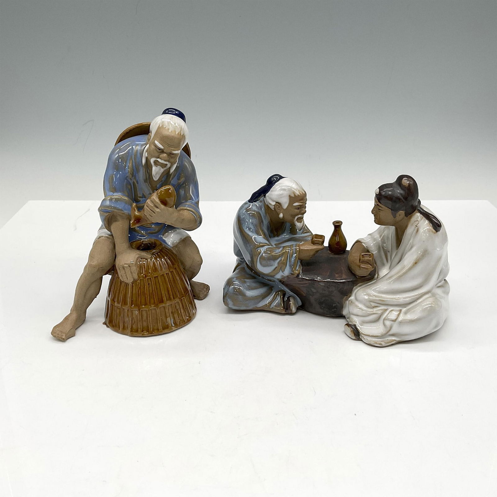 2pc Shiwan Mudman Pottery Figurines, Fisherman + Scholars (1 of 3)