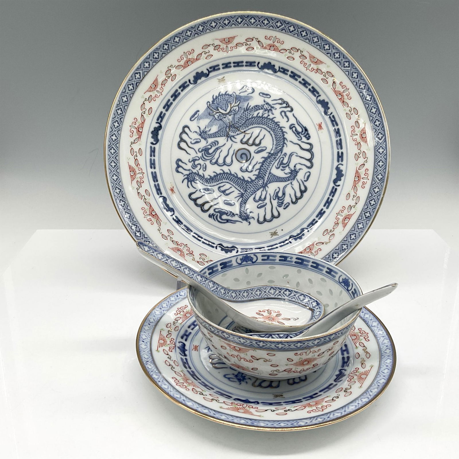 5pc Chinese Porcelain Blue Dragon Server Ware (1 of 3)