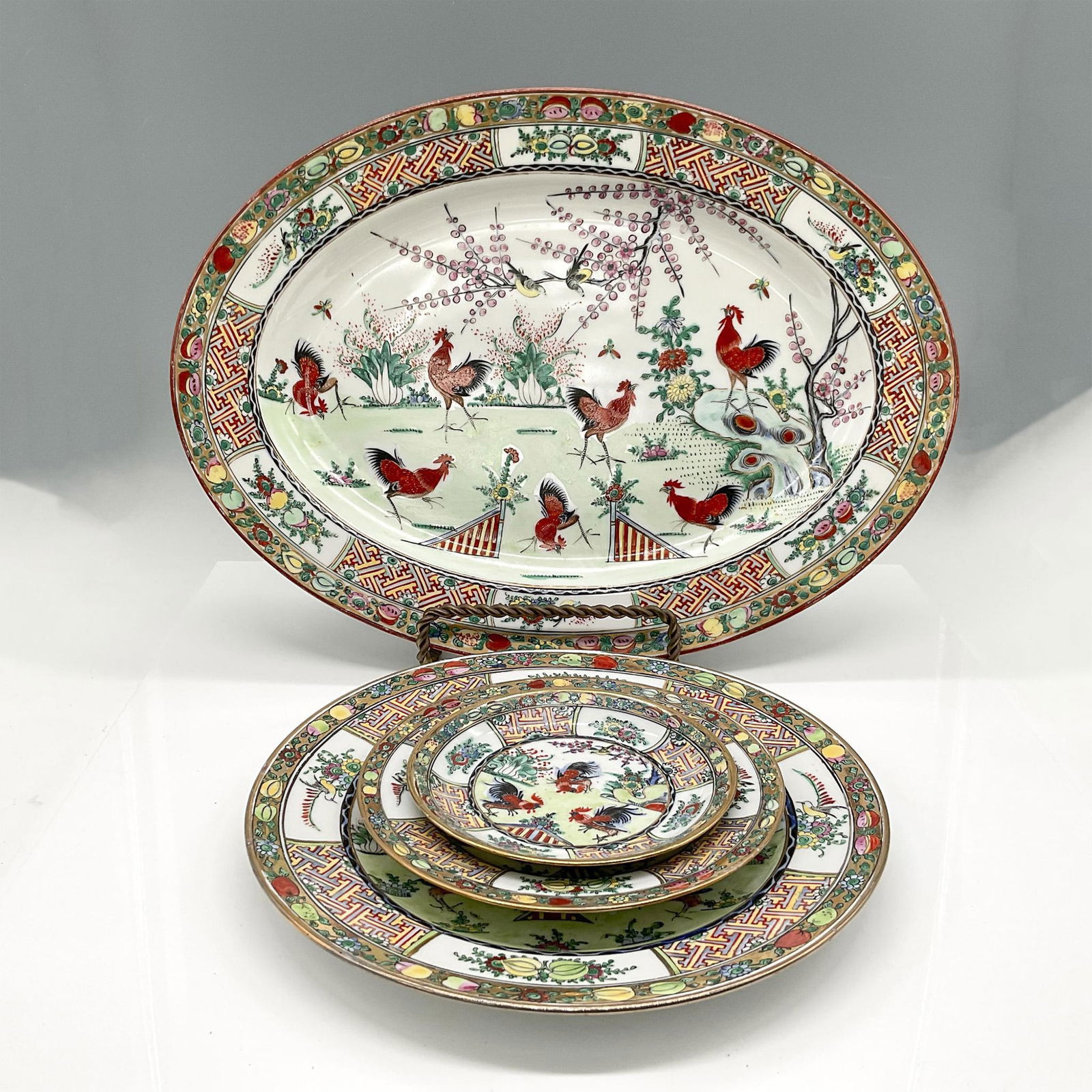 4pc Japanese Porcelain Server Ware, Rooster (1 of 5)