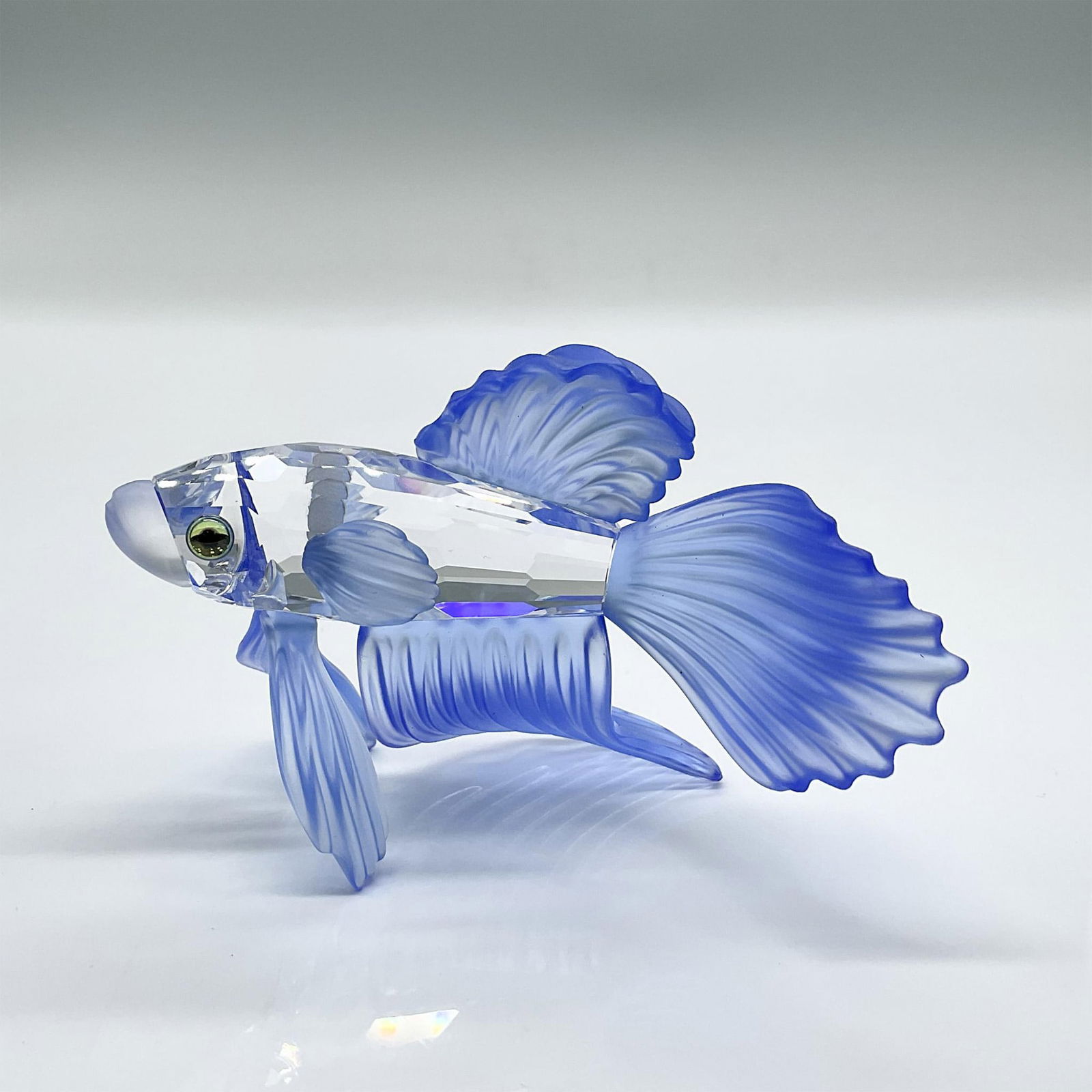 Swarovski Crystal Figurine, Siamese Fighting Fish Blue: Sparkling clear silver crystal figure of a fish with blue frosted fins and tail. Swarovski etched backstamp. Includes original box 4"H x 5" dia. Issued: 1999-2005 Dimensions: 3.25"L x 3"W x 2.25"H Man