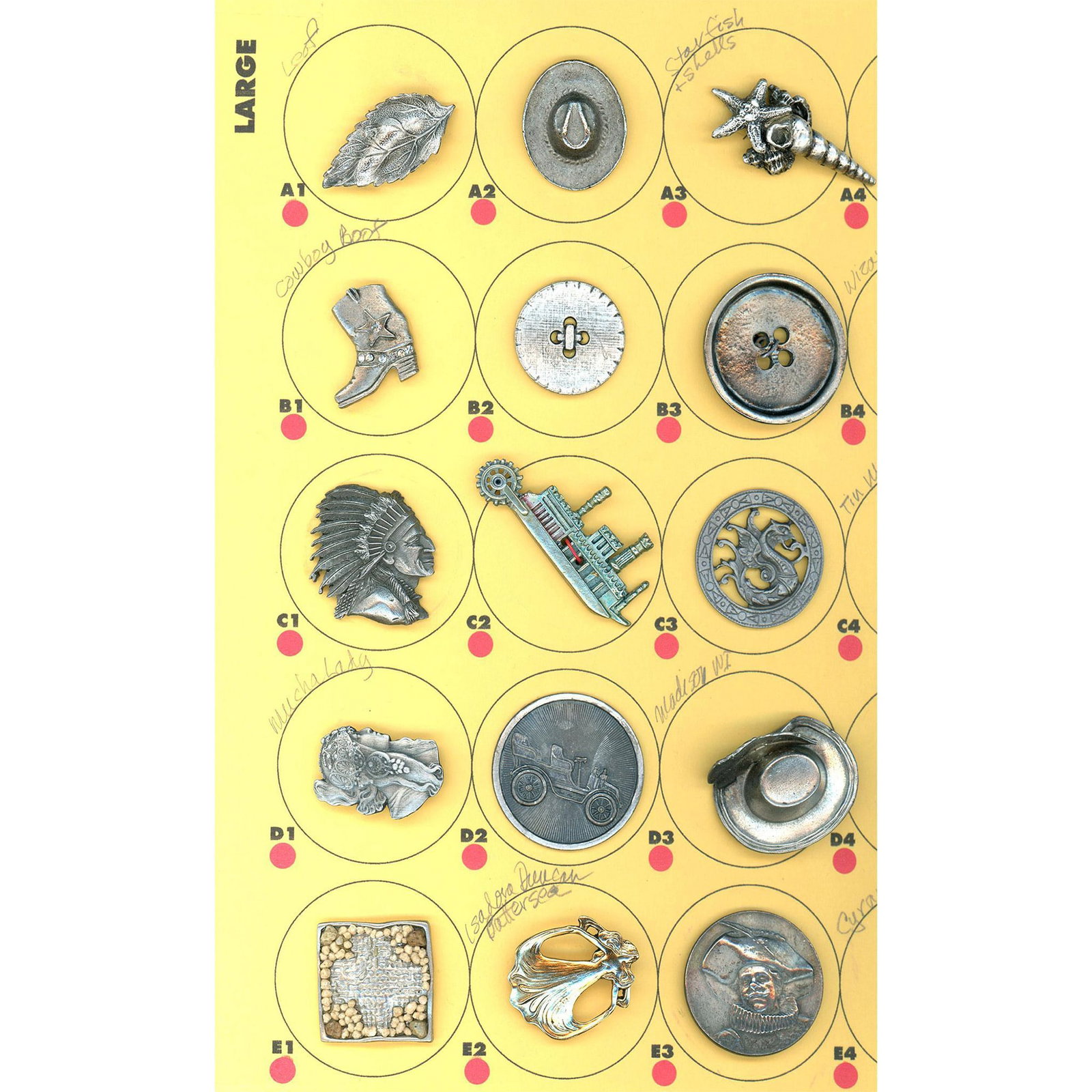 A partial card of assorted pewter buttons including pictorial: 15 Medium/Large 20th century metal buttons including Battersea. This card of Nikki Deals includes several nice Battersea pewters like the Art Nouveau Mucha Style women, the brass coated lady dancing, 