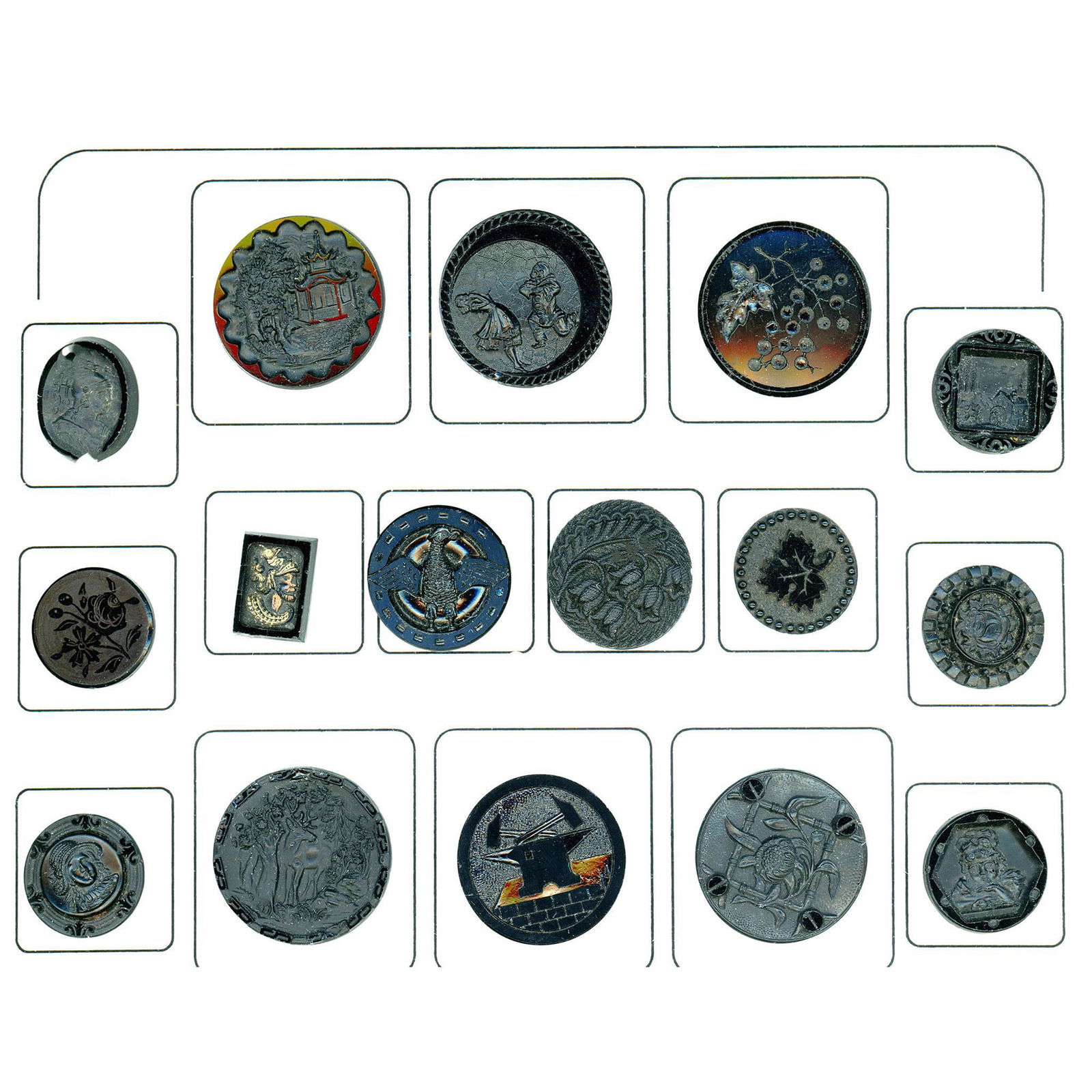 A partial card of division one black glass buttons (1 of 4)