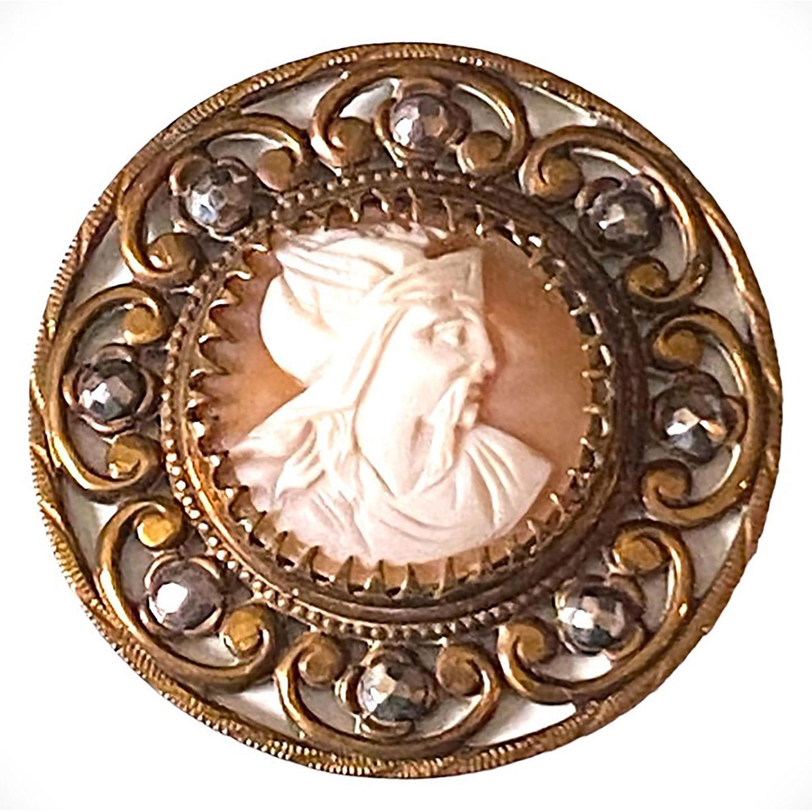 A division 1 hand carved shell pictorial in metal button: 1 Large 19th century hand carved helmet shell male head button. From the collection of the late Shirley Case of Missouri. Here is a finely detailed carving in shell of a man with a beard in a claw set