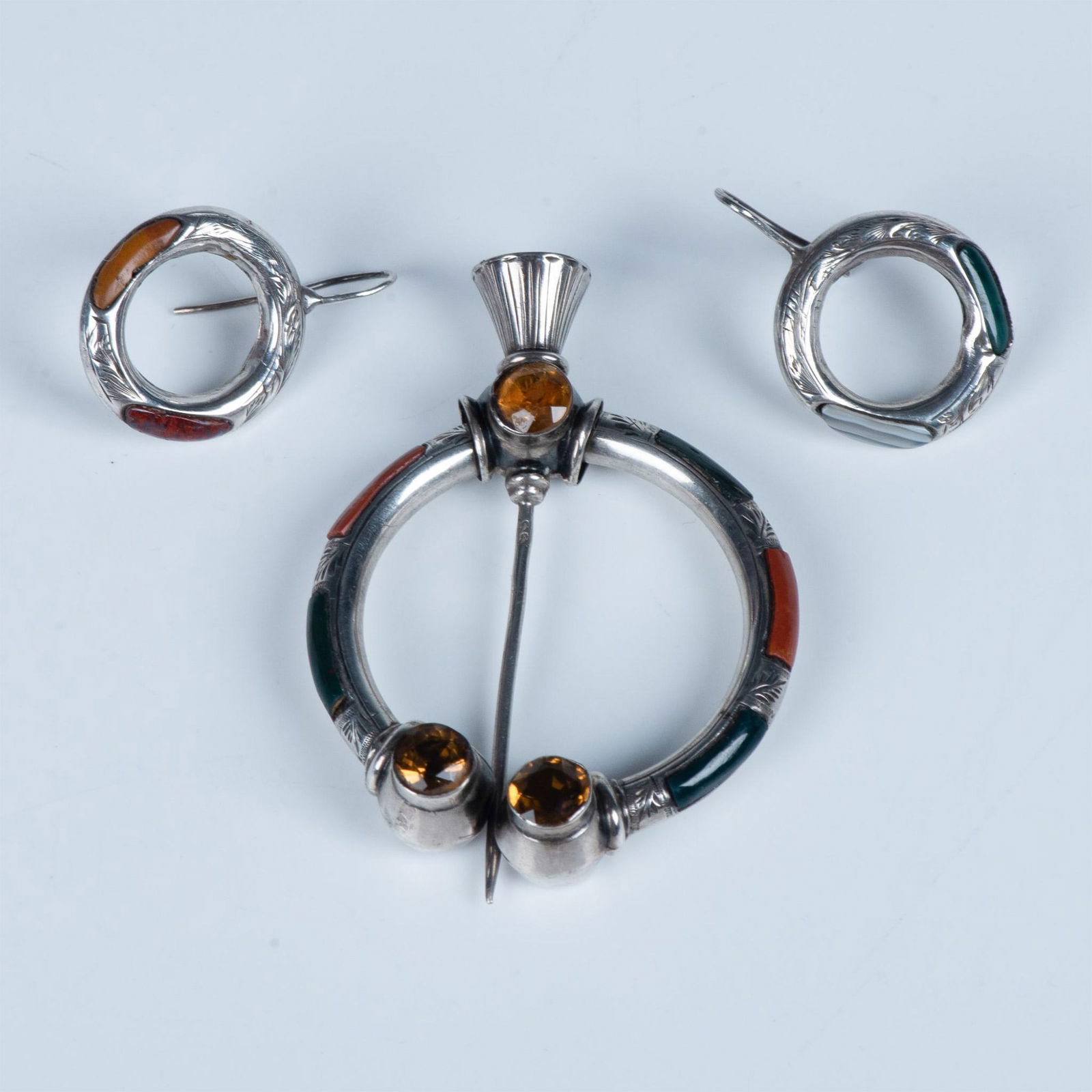 3pc Victorian Sterling Silver Penannular Brooch & Earring Set (1 of 9)