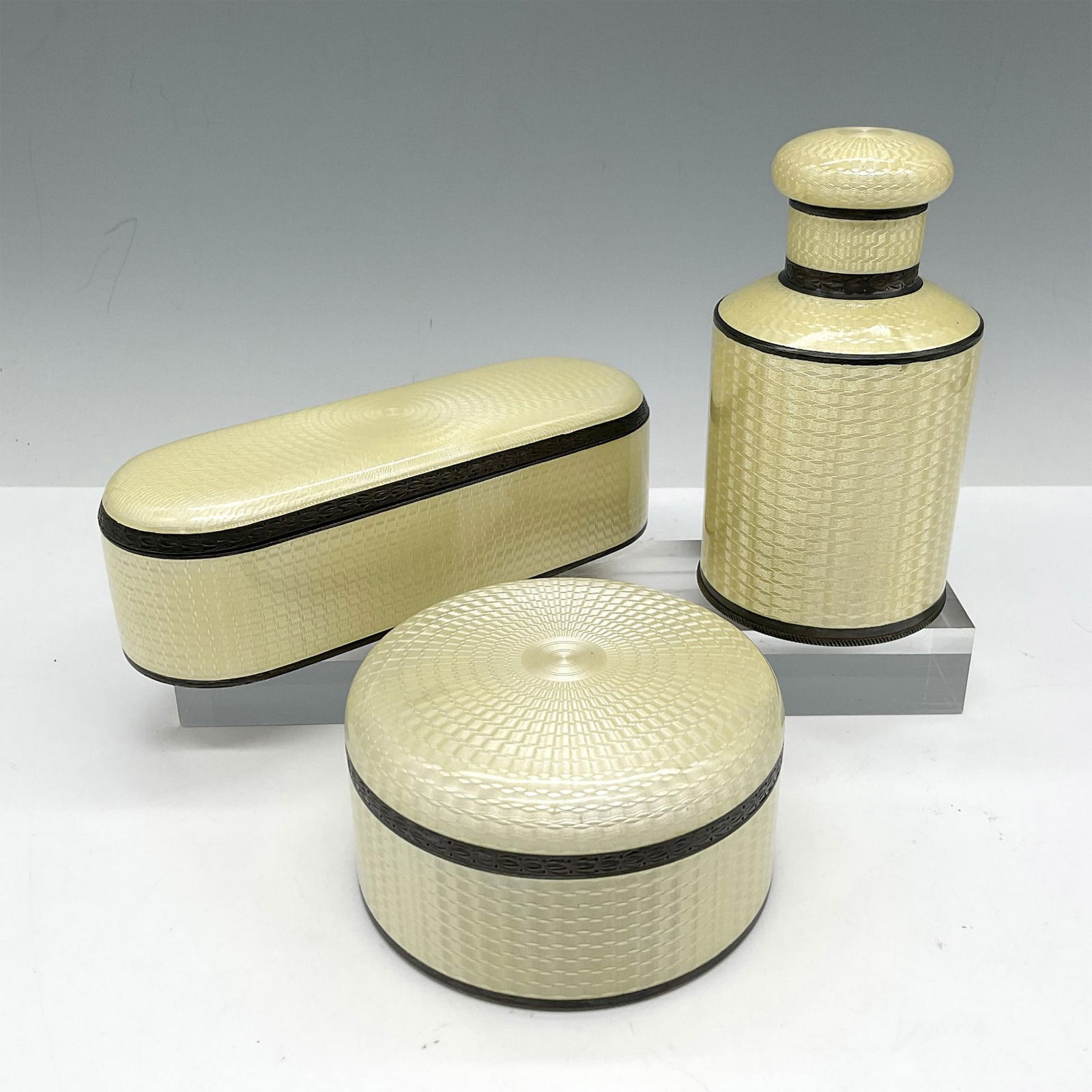 3pc French Silver Guilloche Yellow Enamel Vanity Set (1 of 3)