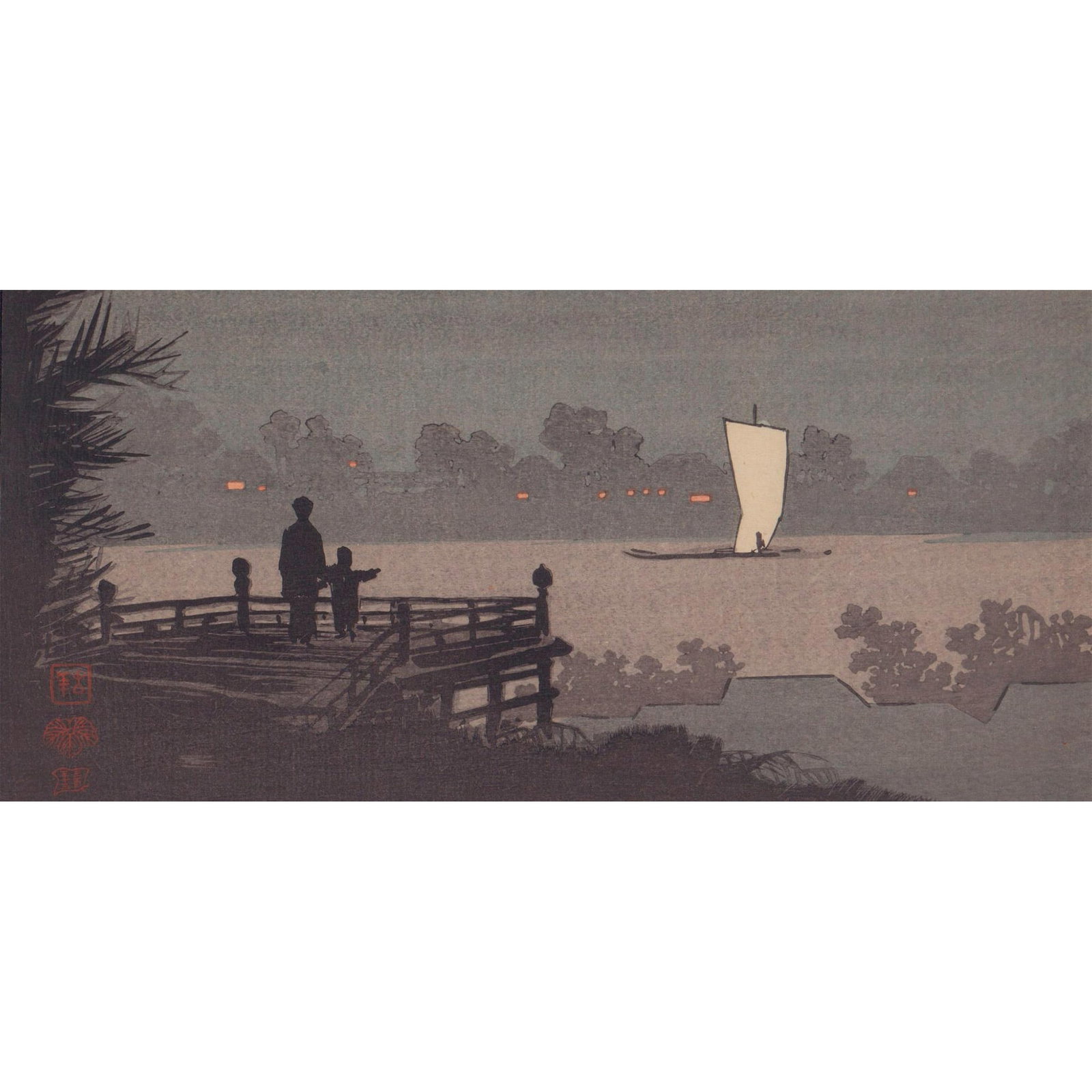 Japanese Woodblock Print of a River at Night: A beautiful hand painted color, and ink on paper woodblock horizontal print. Features a family watching a boat sailing down the river at night. Publisher seals on the lower left. Issued: 20th century 