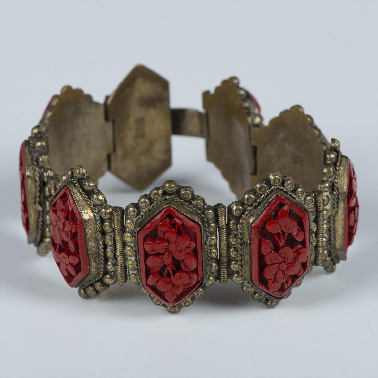 Vintage Chinese Ornately Carved Floral Cinnabar Bracelet (1 of 6)