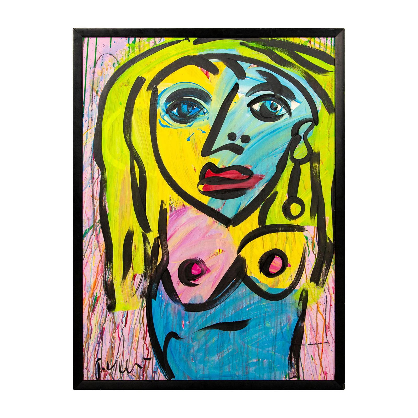 Peter Keil, Original Painting on Board, Female Nude, Signed: Large original oil painting on white board by Neo-Expressionist artist Peter Kiel who represents a close-up of a woman inspired by Pablo Picasso's massive painting The Demoiselles d'Avignon. Keil has