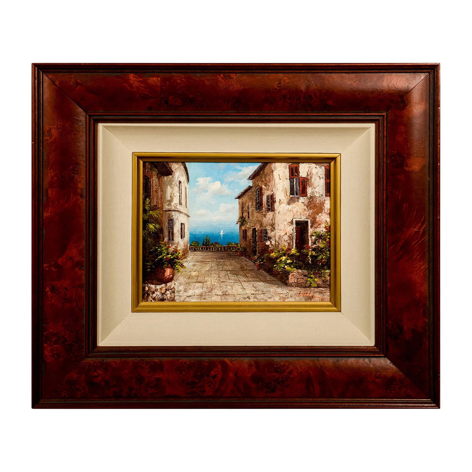 Lynn (Korean, b. 1946) Oil on Canvas Painting, Signed: Post-impressionist oil on canvas painting featuring a scenic Italian alleyway with white Tuscan-style buildings, red wood shutters, and colorful gardens. The alleyway leads to a gorgeous view of a blu