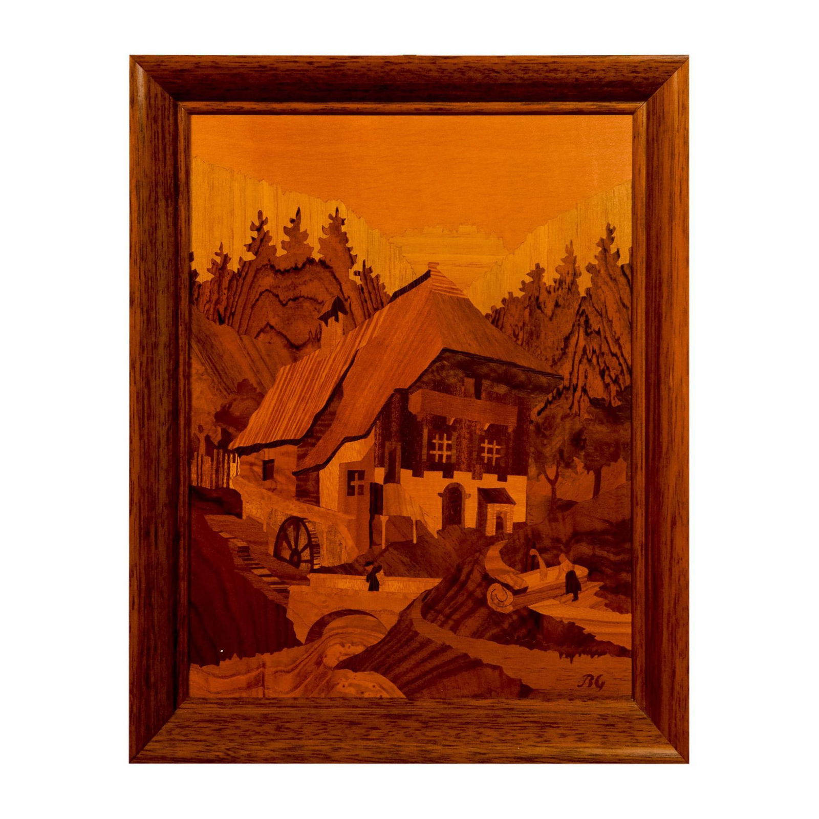 Buchschmid & Gretaux Framed Marquetry, Black Forest Mill (1 of 5)