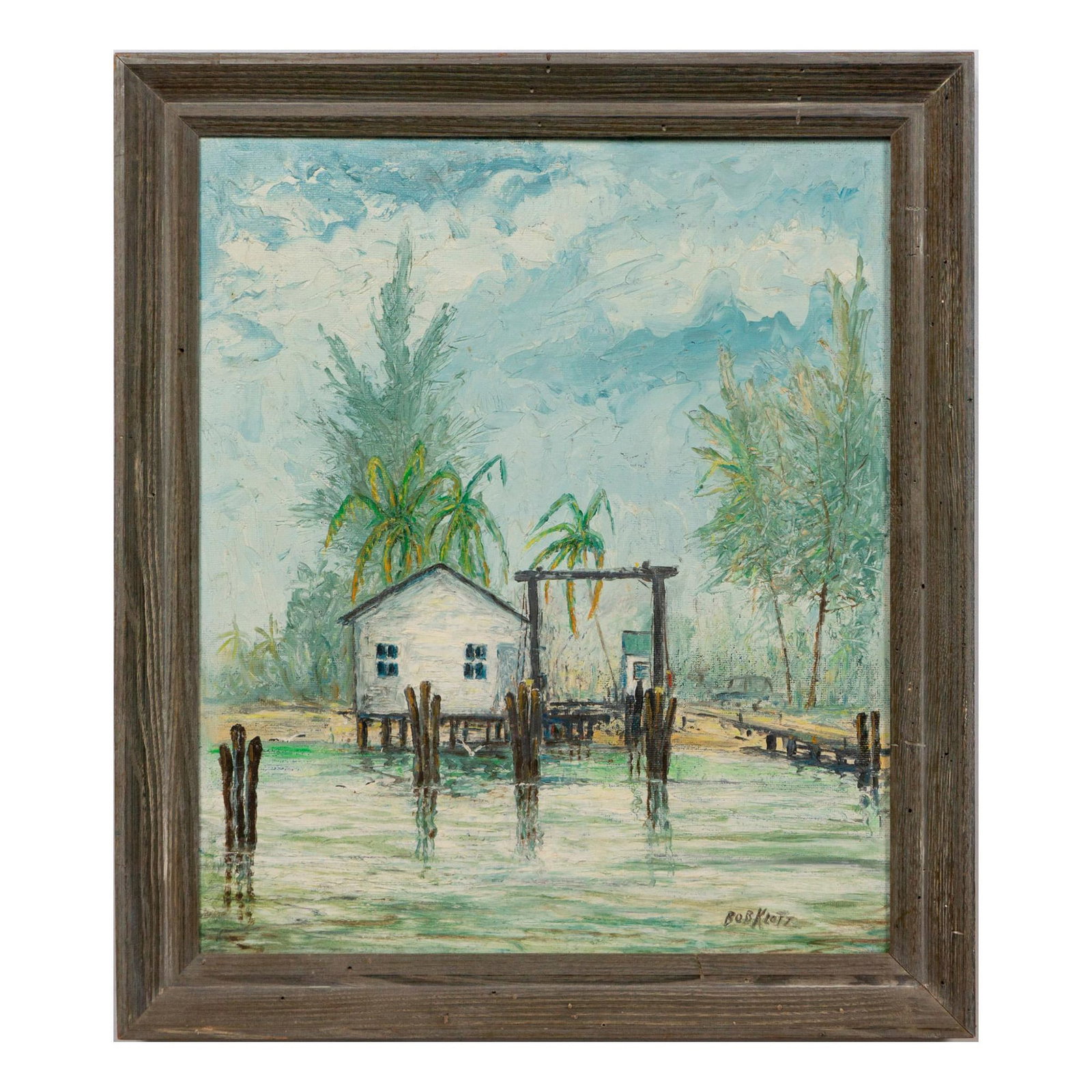 Bob Klotz, Original Oil on Canvas, Sanibel Landing, Signed: Outstanding oil on canvas entitled Sanibel Landing, Sanibel by artist Robert Klotz who spent the mid-20th century representing South Floridian subjects. Since modernized, Sanibel Landing is representa