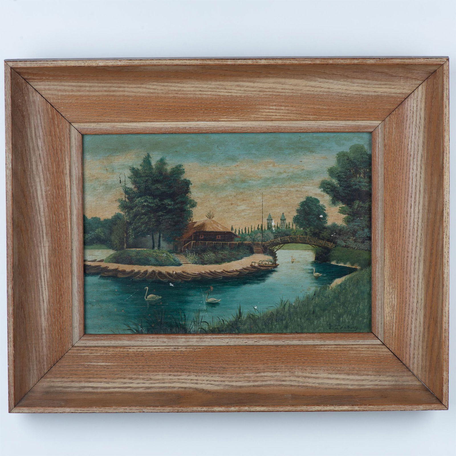 Original Oil on Wood Board, Leisure Park with Swans, Signed (1 of 7)