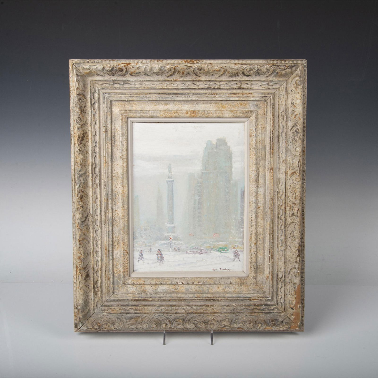 Johann Berthelsen, Oil on Board, New York City Snow, Signed: Outstanding original oil on board painting by American Impressionist artist Johann Berthelsen. This winter scene depicts passerby and cars covered in snow at Columbus Circle from where the Empire Stat