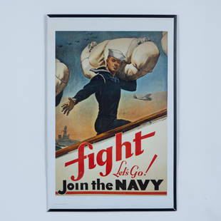 McClelland Barclay, American WWII Navy Poster: Modern impression after an original WWII recruitment poster by illustrator McClelland Barclay entitled Fight Let's Go! Join the Navy. Published by Poster Inc. Holyoke, Mass. Housed in a protective see