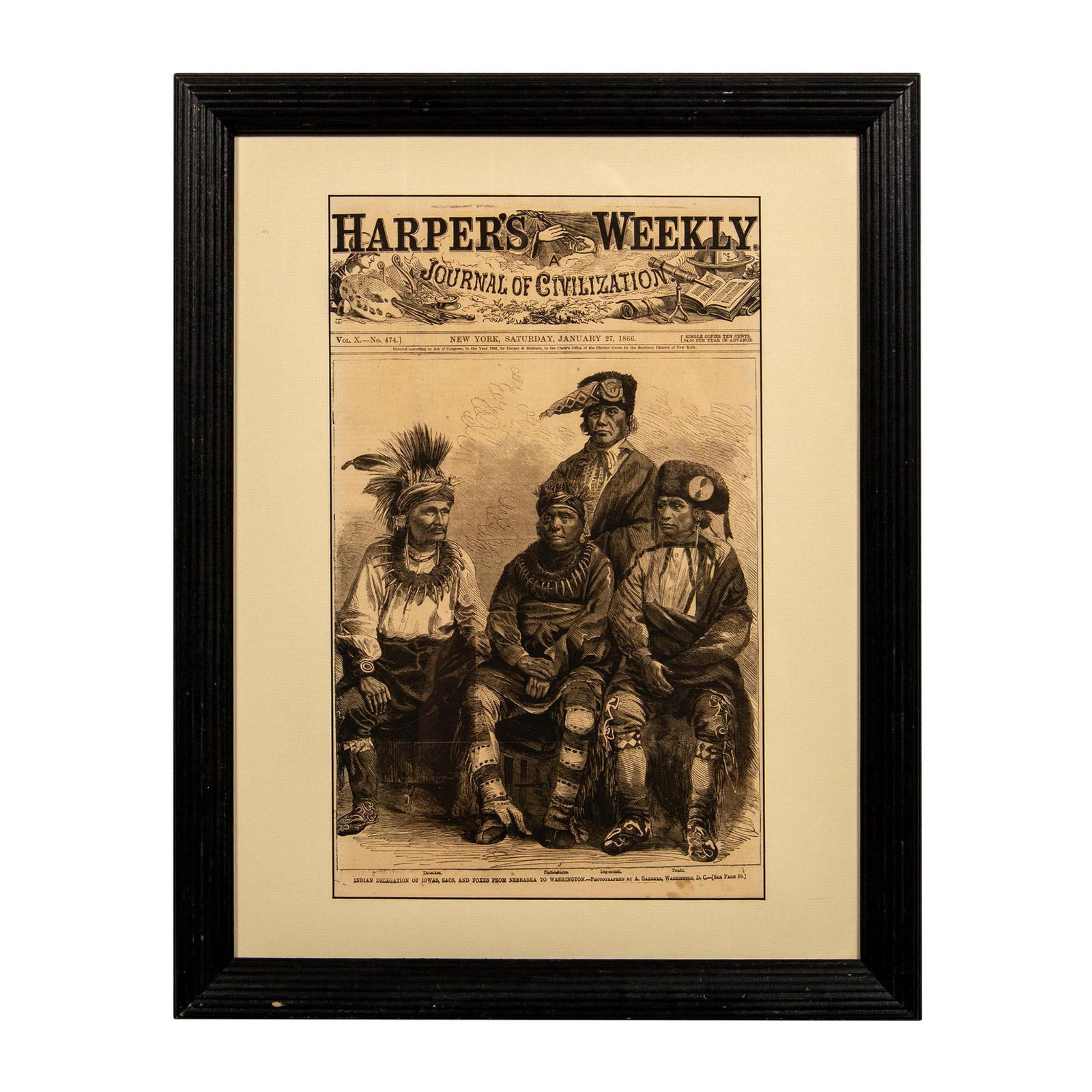 Original 1866 Harper's Weekly Cover, Indian Delegation: Front cover of Harper's Weekly: A Journal of Civilization, vol. 10 N. 474. This engraving is based on a photograph by Alexander Gardner entitled Indian Delegation of Iowas, Sacs, and Foxes from Nebras
