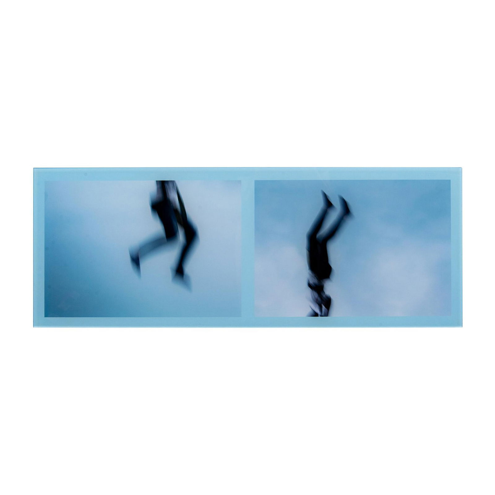 Judy M. King, Digital Diptych Photograph, Life Ups & Downs: Digital color photograph on plexiglass entitled Life Has Its Ups & Downs by artist Judy M. King. This diptych in blue with two abstracted figures was made with the help of a trampoline. King explains: