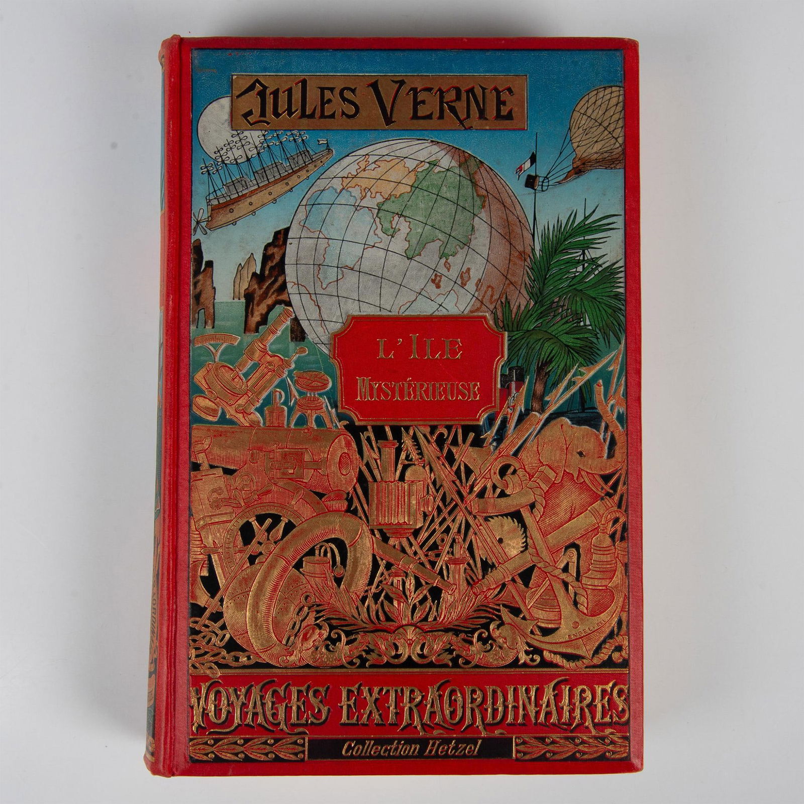 Jules Verne, L'Ile Mysterieuse, Au Dos a L'Ancre: Beautiful triple volume from Hetzel's French edition Au Dos a L'Ancre, type Engel i, from the Voyages Extraordinaires by Jules Verne. It includes the novel L'Ile Mysterieuse (The Mysterious Island) wi