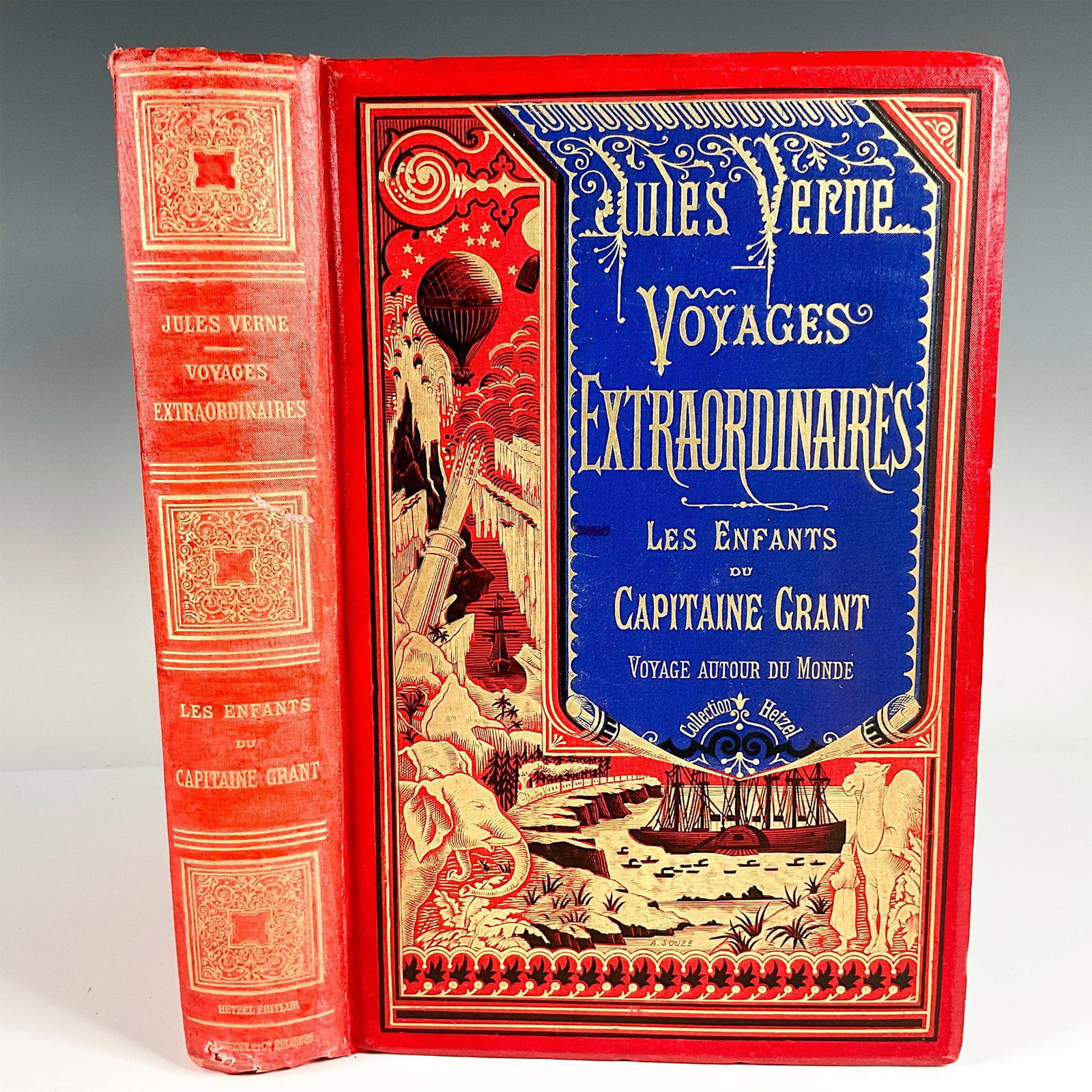 Jules Verne, Children of Capitaine Grant, A La Banniere: Vibrant volume of Hetzel's French edition A La Banniere (Bicolore au Ballon), type 7, from the Voyages Extraordinaires series by Jules Verne. Includes Les Enfants du Capitaine Grant (In Search of the 
