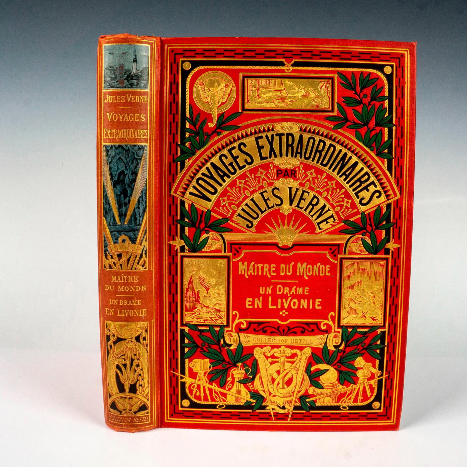 Jules Verne, Maitre du monde/Drame en Livonie, Un Elephant: Beautiful double volume from the collection A un Elephant from the 'Voyages Extraordinaires' series by Jules Verne. It includes the novels Maitre du monde and Un Drame en Livonie (Master of the World 